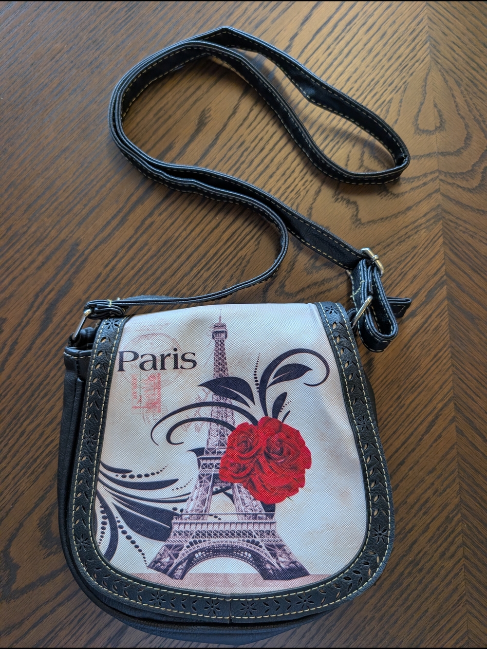 Paris Eiffel Tower Crossbody Bag with Red Rose Accent